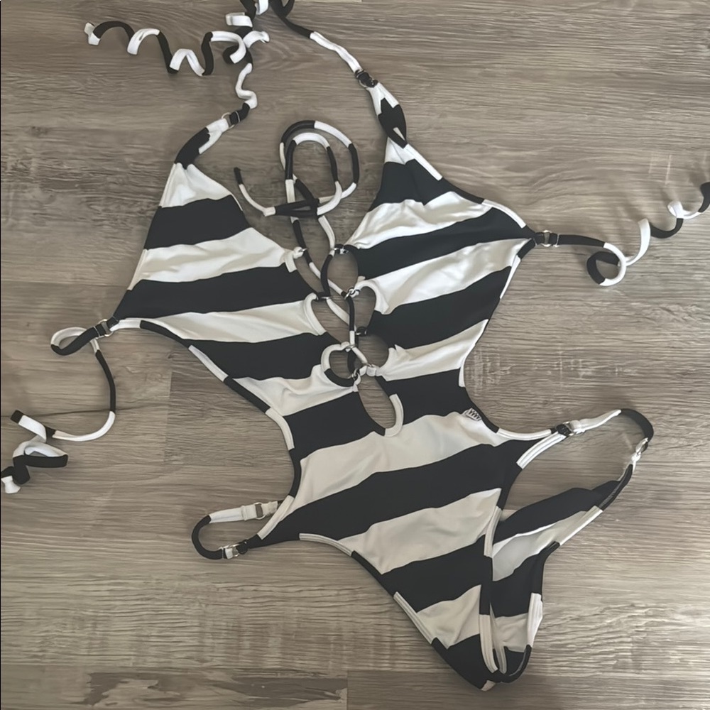 Wicked Weasel Black and White Striped One Piece Swimsuit